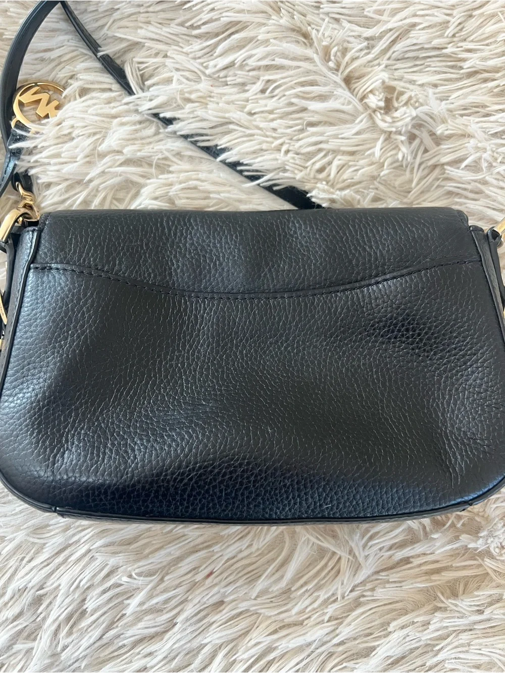 MICHAEL KORS Black Pebbled Leather Flap Crossbody with Gold Hardware